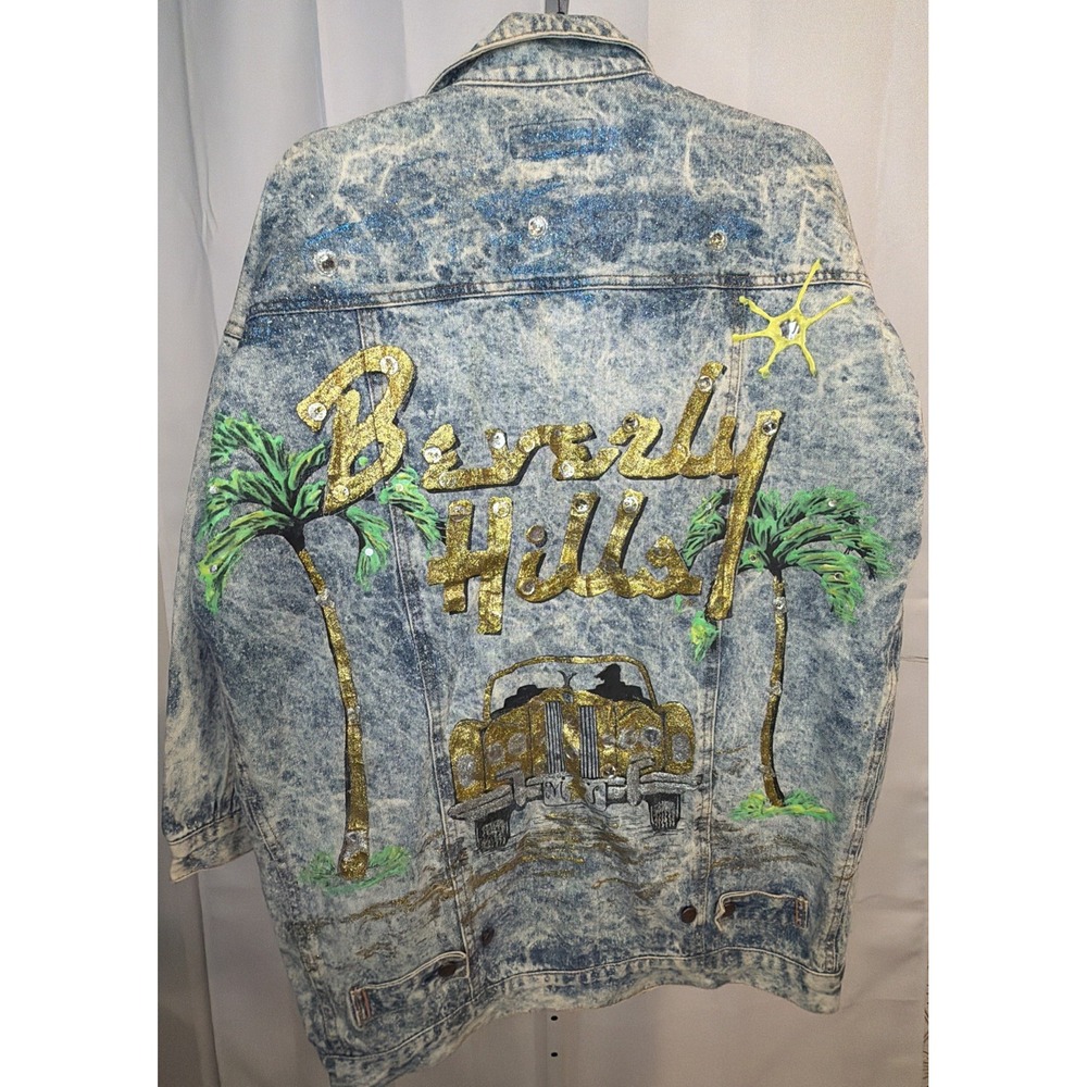 Vintage 80s Circa Beachwear Size S Beverly Hills Painted Bedazzled Denim Jacket